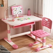 AQMD Kids Study Desk Chair Set, Height Adjustable Toddlers Writing Table with Tiltable Reading Stand, Living Room Bedroom Children Learning Table with Extra Large Drawer,Pink